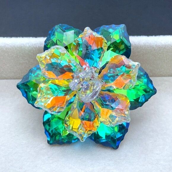 Silver with Green Blue and Orange Vitrail Crystal Round Flower Pin Back Brooch - Picture 6 of 8